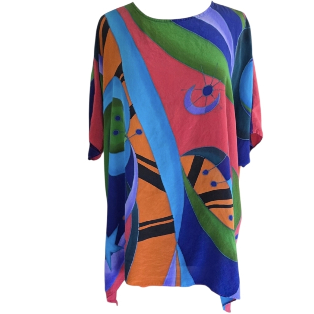 Dilemma OS Silk Moon & Star Caftan Top Multicolor Women's Tunic Lagenlook Boho